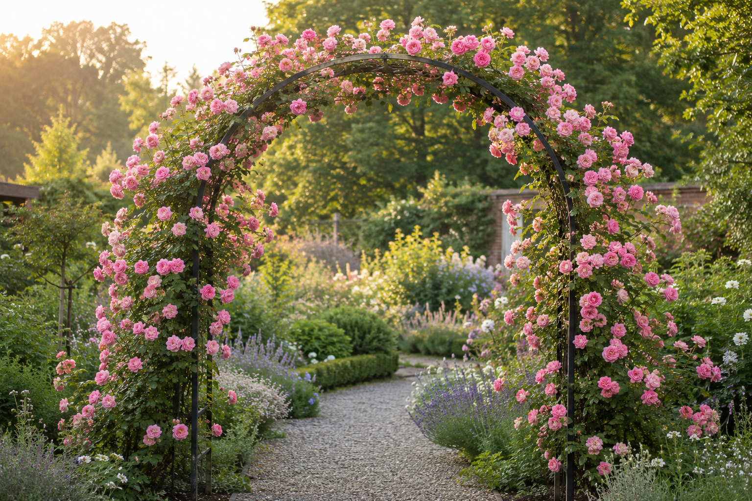 Pink climbing roses trained over a black metal garden arch