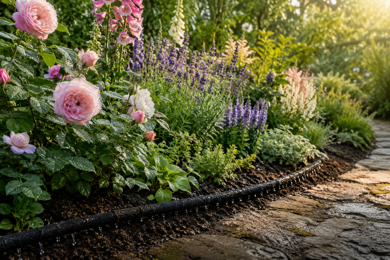 Soaker hose watering a blooming cottage garden flower bed
