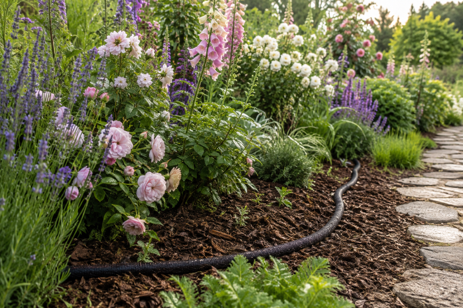 Romantic cottage flower border with a discreet soaker hose laid beneath mulch
