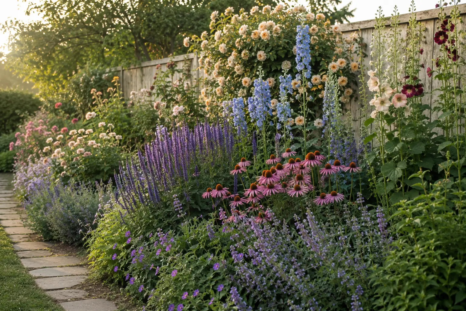 Layered cottage garden border with tall flower spires, repeated middle perennials and low plants softening a path.