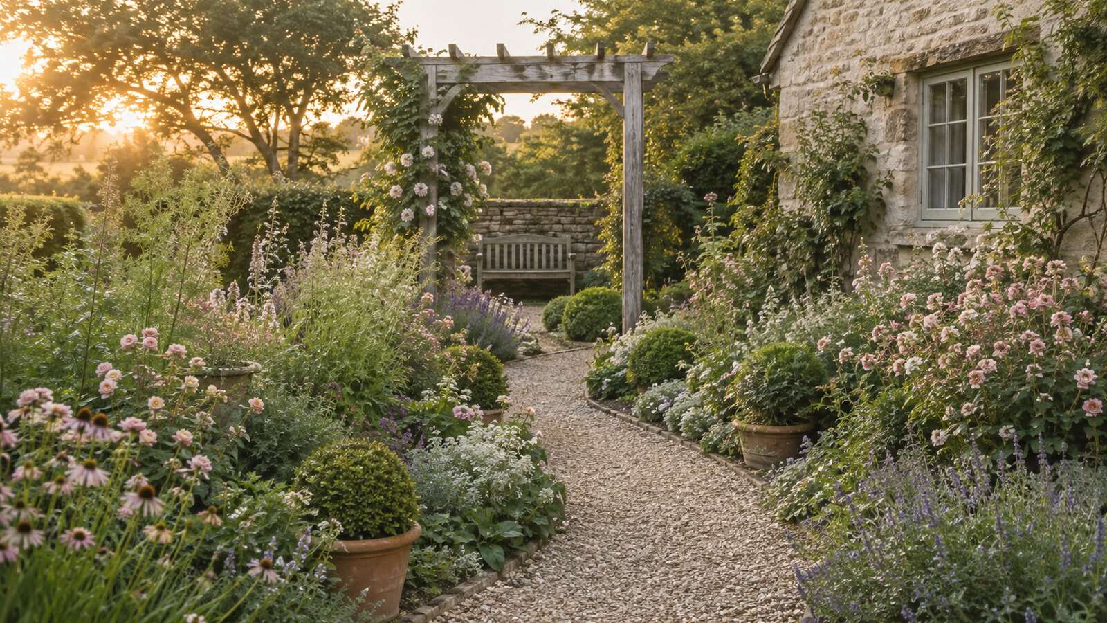 Small cottage garden layout with a winding path, layered flower borders, an arbor and a bench.