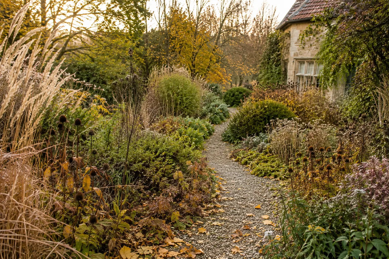 Autumn cottage garden with a winding path, ornamental grasses, seed heads and golden fallen leaves in soft light.