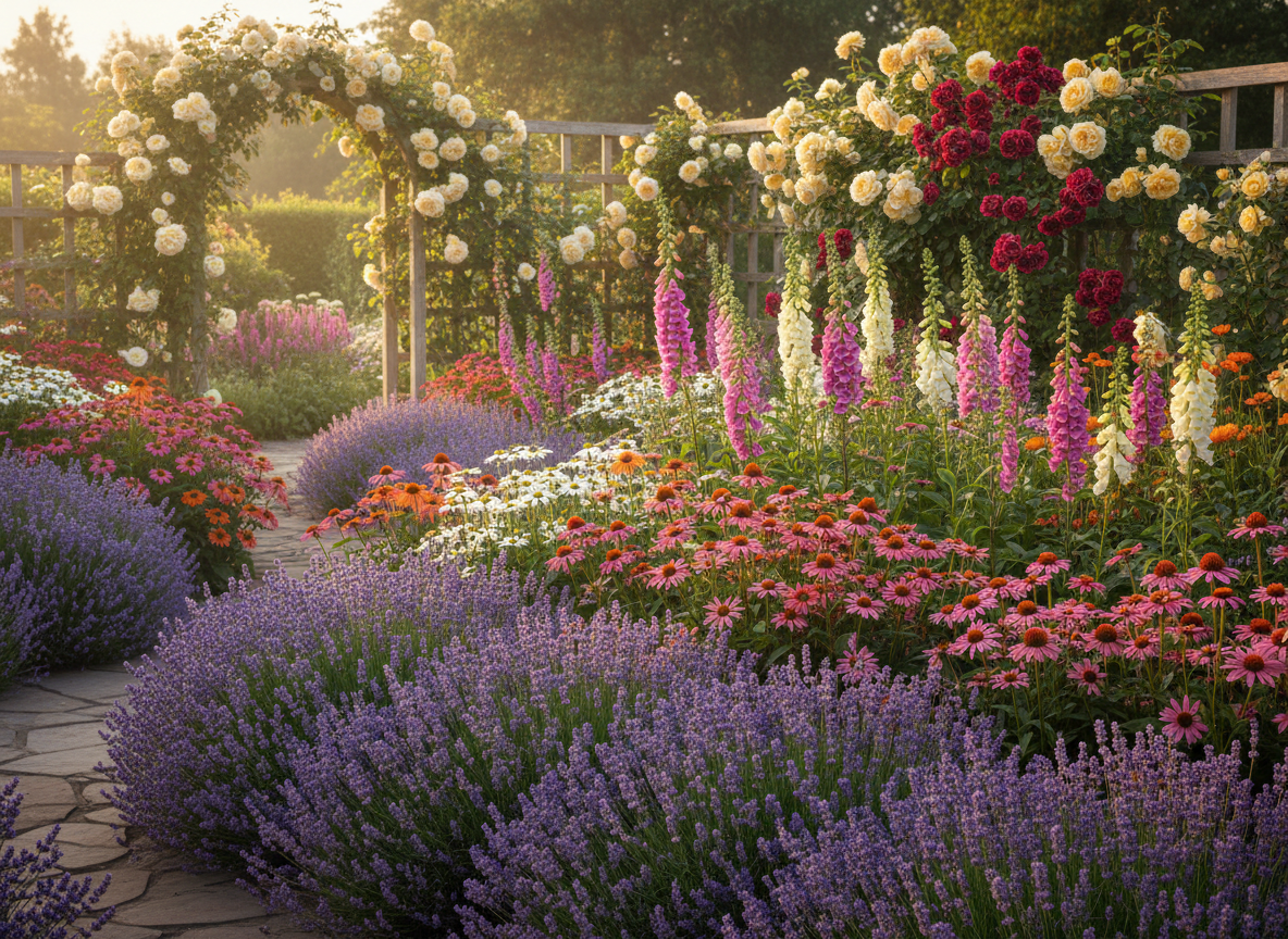 A layered cottage garden border with lavender, coneflowers, foxgloves, and roses in bloom.