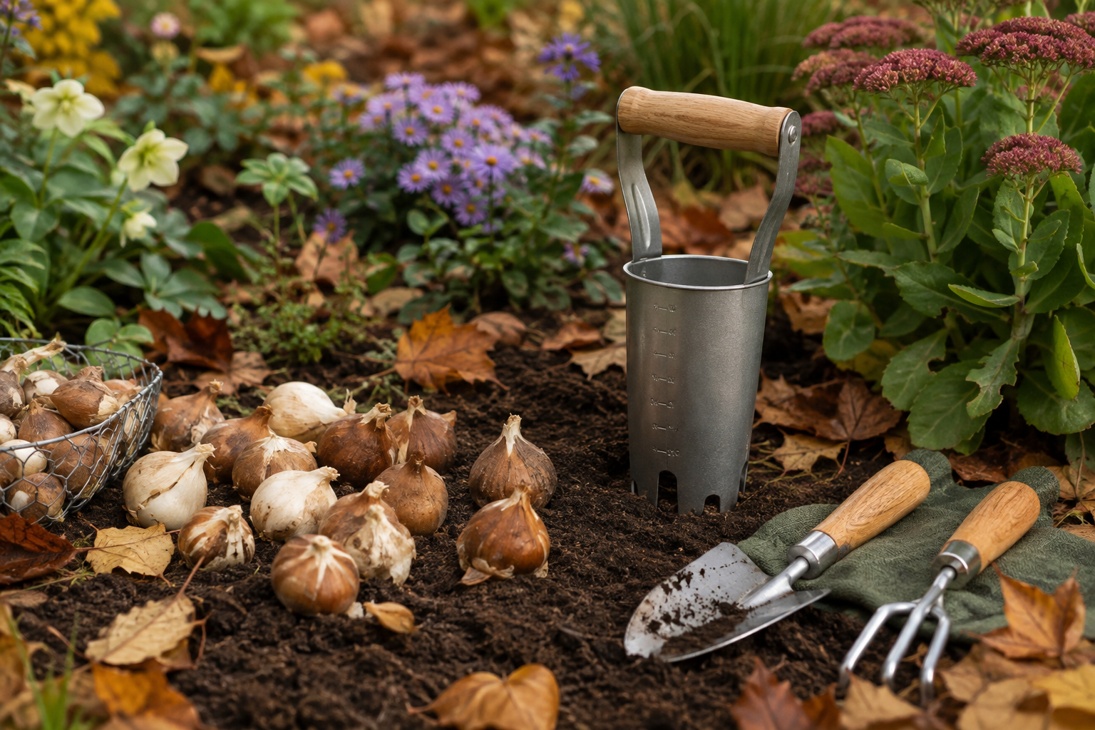 Tulip and daffodil bulbs beside a bulb planter in an autumn cottage garden border.