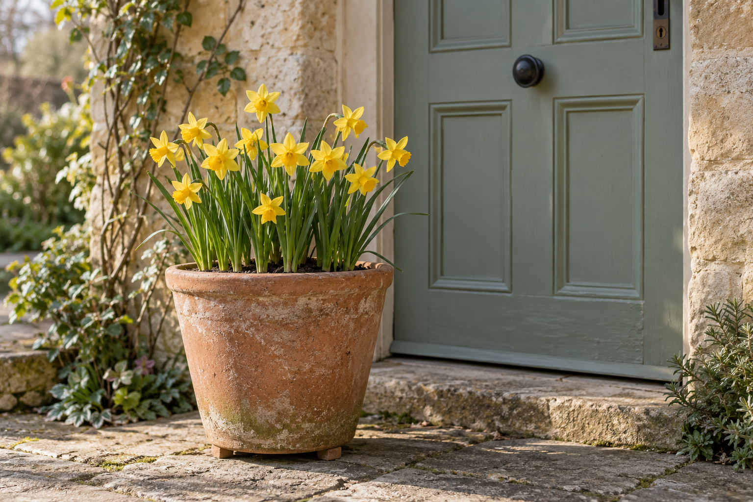 Yellow daffodils in a terracotta pot beside a sage-green cottage door.