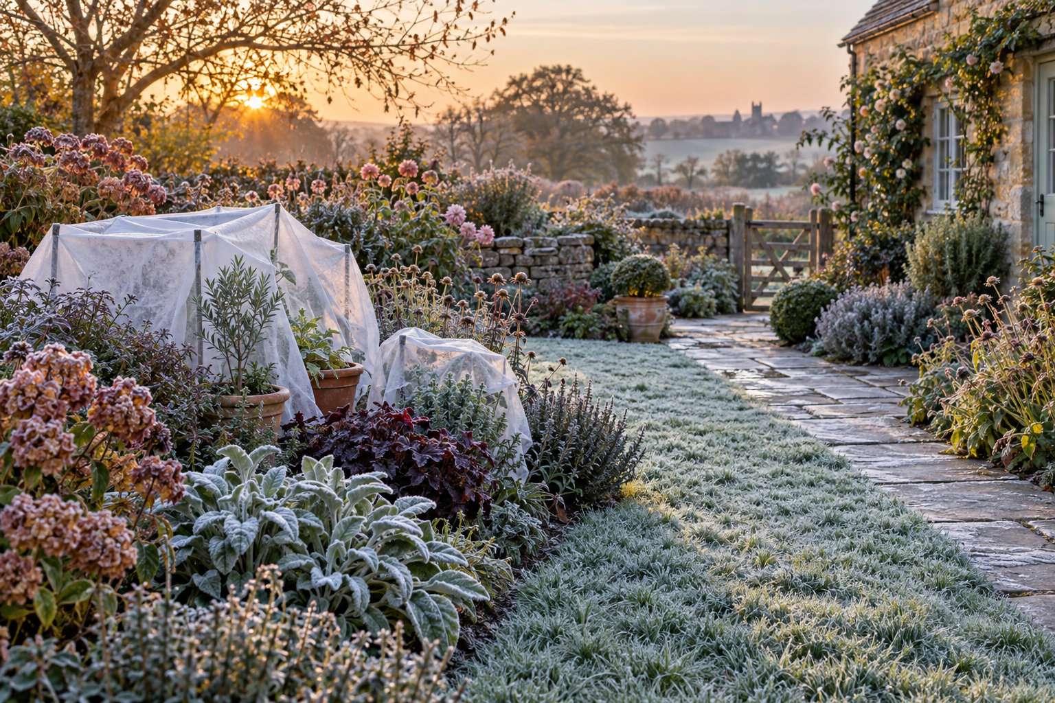 Frosty cottage garden at sunrise with selected flower beds and potted plants protected from cold.