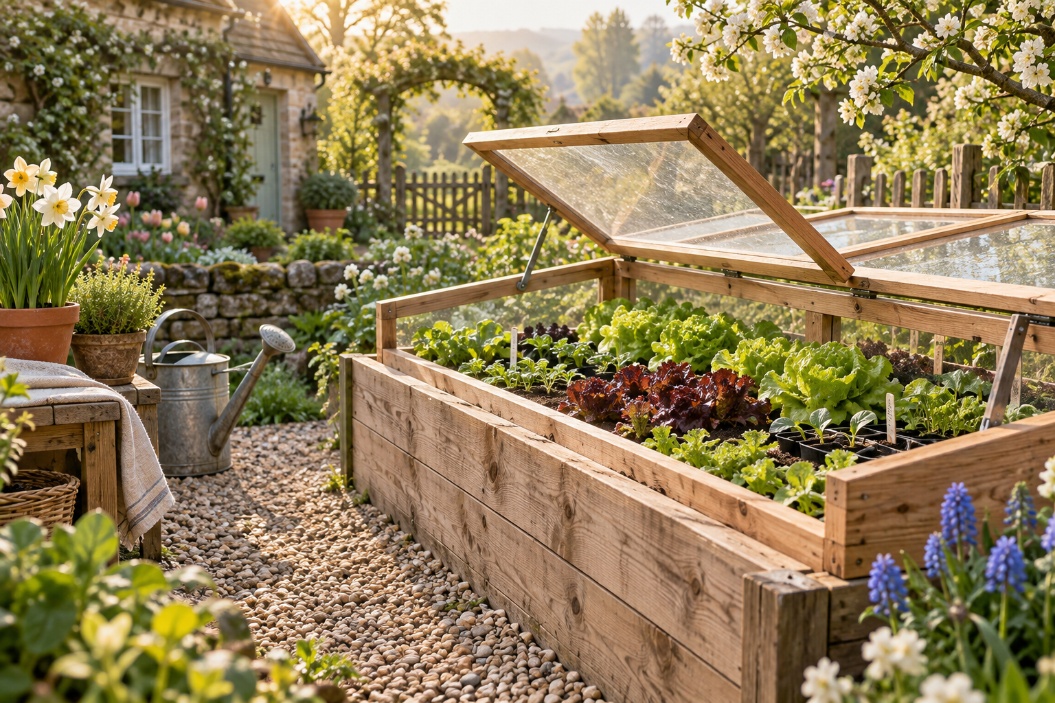 Wooden cold frame with an open glazed lid over leafy greens in a sunny cottage garden.