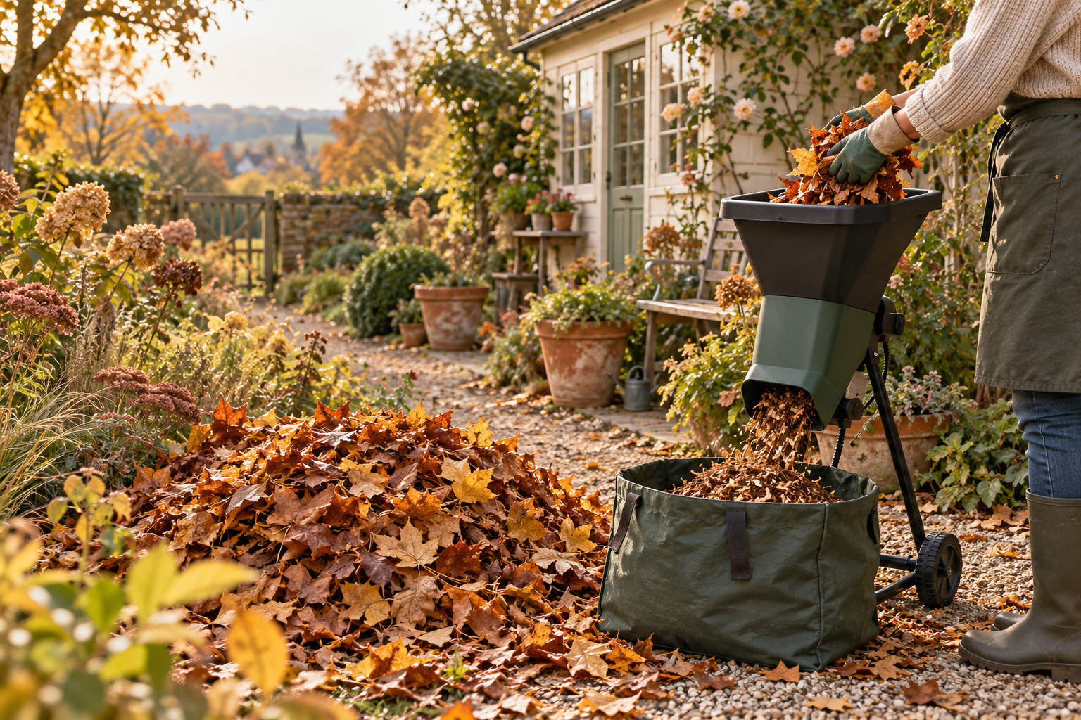 Electric leaf mulcher processing autumn leaves in a small cottage garden