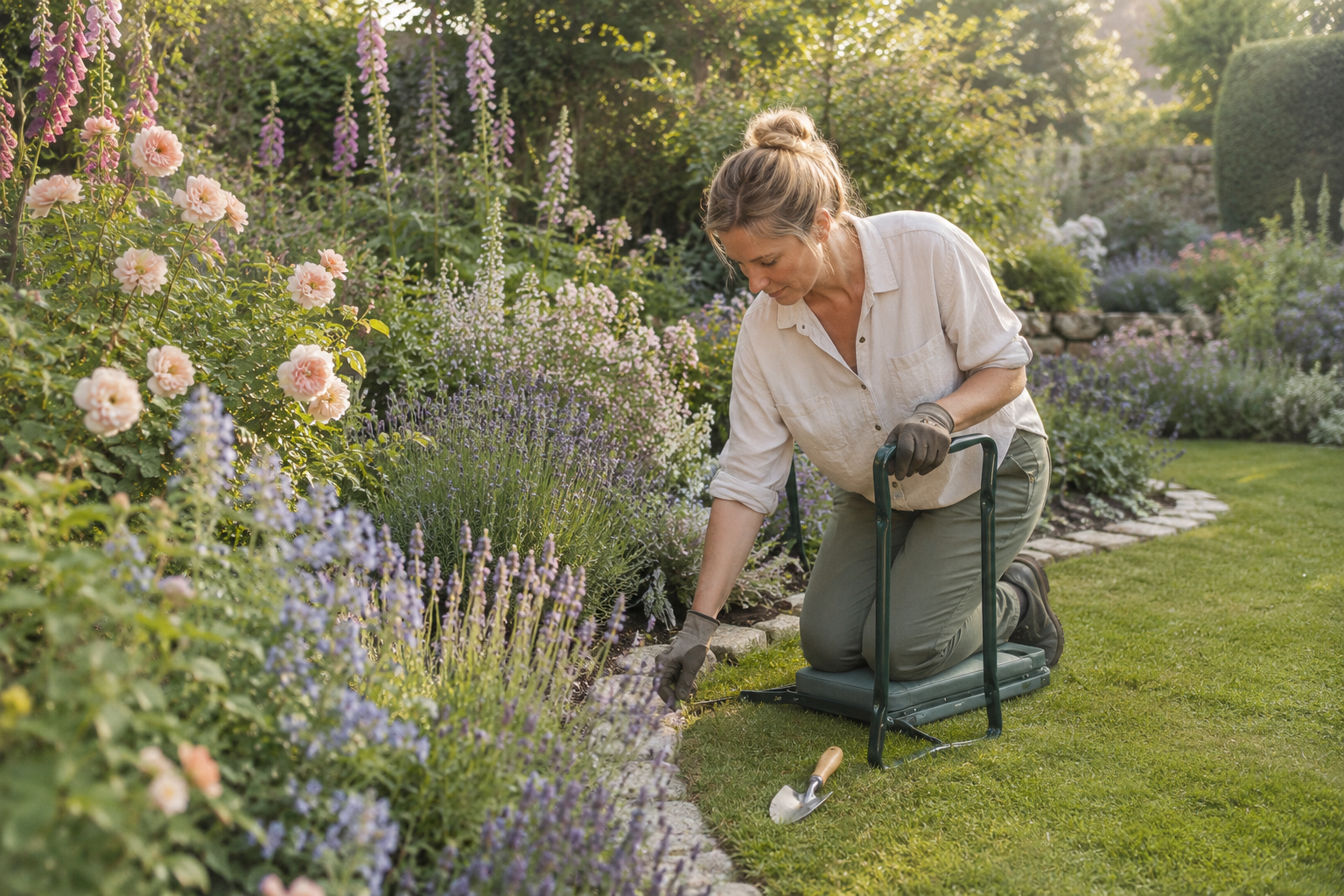 Gardener using a padded folding garden kneeler beside a cottage flower border