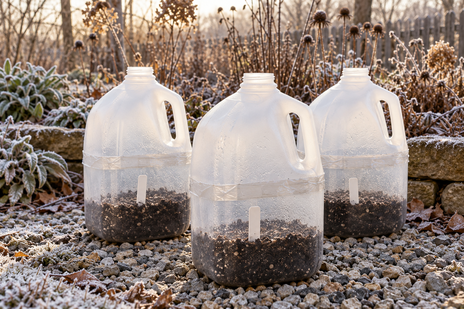 Three uncapped milk jugs with growing mix and plant labels beside a frost-covered garden border.